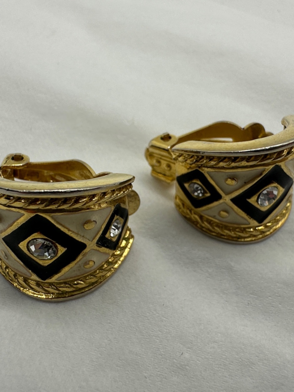 Gold-Tone Black and White Clip-On Dome Earrings with Crystal Accents